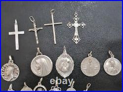 Lot of 19 Silver Rare Vintage or Antique Religious Cross & Charm & Pendant