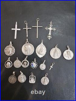 Lot of 19 Silver Rare Vintage or Antique Religious Cross & Charm & Pendant