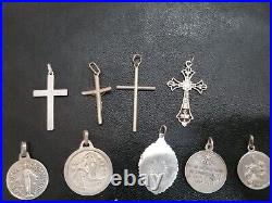 Lot of 19 Silver Rare Vintage or Antique Religious Cross & Charm & Pendant