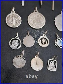 Lot of 19 Silver Rare Vintage or Antique Religious Cross & Charm & Pendant