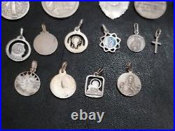 Lot of 19 Silver Rare Vintage or Antique Religious Cross & Charm & Pendant