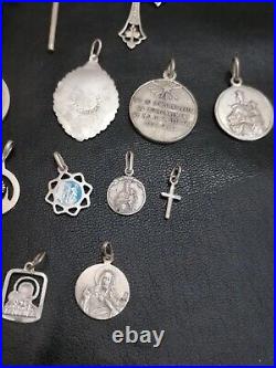 Lot of 19 Silver Rare Vintage or Antique Religious Cross & Charm & Pendant