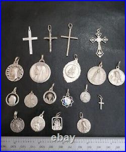 Lot of 19 Silver Rare Vintage or Antique Religious Cross & Charm & Pendant