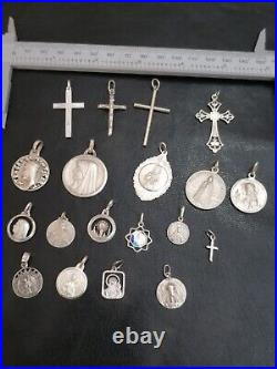 Lot of 19 Silver Rare Vintage or Antique Religious Cross & Charm & Pendant