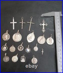 Lot of 19 Silver Rare Vintage or Antique Religious Cross & Charm & Pendant