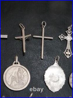 Lot of 19 Silver Rare Vintage or Antique Religious Cross & Charm & Pendant