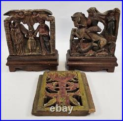 Lot of 3 Antique Carved Polychrome Wood Panels Italian S Giorgio Religious 19c