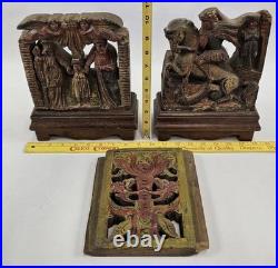 Lot of 3 Antique Carved Polychrome Wood Panels Italian S Giorgio Religious 19c