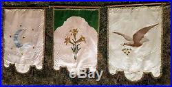 Lot of 3 Hand Painted Church Religious Banner Silk Antique Metallic Fringe c1900