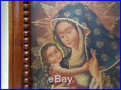 Madonna & Child Peruvian Cusco Folk Art Painting in Wooden Carved Antique Frame