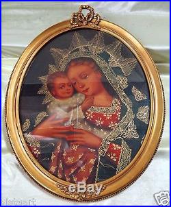 Madonna & Child Religious Peru Cuzco Painting with Antique Style Oval Frame 19x24