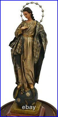 Madonna, Religious Wax Figure Virgin St. Mary, Continental Under Dome, Antique