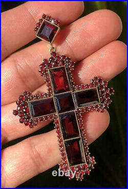 Massive Antique Victorian Rose Cut Bohemian Garnet Cross Religious Pendant