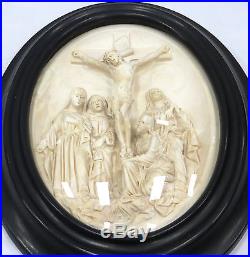 Meerschaum Retablo Oval France Antique mid 1800s Religious Art Jesus Crucifixion