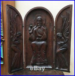 Mid Century Modern Lg Carved Wood Religious Triptych 15 1/2 x 15 1/4