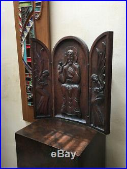 Mid Century Modern Lg Carved Wood Religious Triptych 15 1/2 x 15 1/4