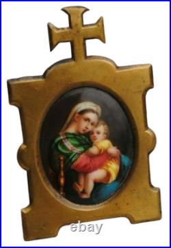 Miniature Porcelain Plaque Madonna And Child Antique Hand Painted