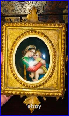 Miniature Portrait Madonna Jesus Hand Paint Porcelain Gold Gilded Frame 1850-80