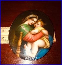 Miniature Portrait Madonna Jesus Hand Paint Porcelain Gold Gilded Frame 1850-80
