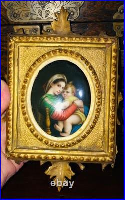 Miniature Portrait Madonna Jesus Hand Paint Porcelain Gold Gilded Frame 1850-80