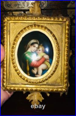 Miniature Portrait Madonna Jesus Hand Paint Porcelain Gold Gilded Frame 1850-80