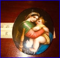 Miniature Portrait Madonna Jesus Hand Paint Porcelain Gold Gilded Frame 1850-80