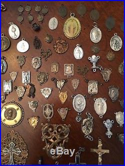 Nun's Antique Estate 107 Pieces Crucifix Cross Center Medals Religious Medal Vtg