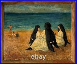 OLD ANTIQUE RELIGIOUS CATHOLIC NUN MODERN BEACH LANDSCAPE OIL PAINTING JESUS 40s