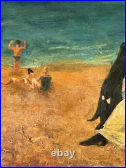 OLD ANTIQUE RELIGIOUS CATHOLIC NUN MODERN BEACH LANDSCAPE OIL PAINTING JESUS 40s