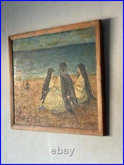 OLD ANTIQUE RELIGIOUS CATHOLIC NUN MODERN BEACH LANDSCAPE OIL PAINTING JESUS 40s