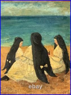 OLD ANTIQUE RELIGIOUS CATHOLIC NUN MODERN BEACH LANDSCAPE OIL PAINTING JESUS 40s