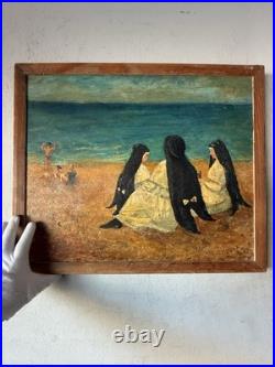 OLD ANTIQUE RELIGIOUS CATHOLIC NUN MODERN BEACH LANDSCAPE OIL PAINTING JESUS 40s