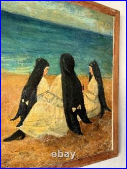 OLD ANTIQUE RELIGIOUS CATHOLIC NUN MODERN BEACH LANDSCAPE OIL PAINTING JESUS 40s