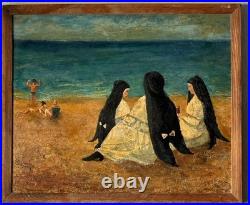 OLD ANTIQUE RELIGIOUS CATHOLIC NUN MODERN BEACH LANDSCAPE OIL PAINTING JESUS 40s