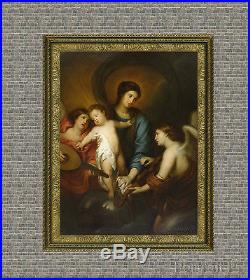 Old Master Art Antique Oil Painting Portrait Virgin Madonna Child Angels 30x40