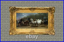 Old Master Art Antique The Horse Fair Rosa Bonheura Oil Painting 24x52 UNFRAMED