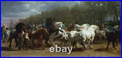 Old Master Art Antique The Horse Fair Rosa Bonheura Oil Painting 24x52 UNFRAMED