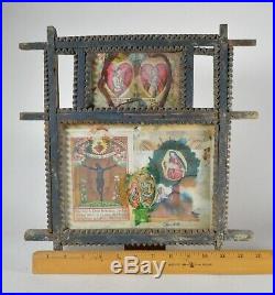 Old folk art tramp frame with two panels and religious art collage. 14 x 13