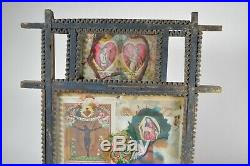 Old folk art tramp frame with two panels and religious art collage. 14 x 13