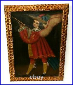 Original Antique 1700s Angel Gunslinger Christian Oil Painting Cusco School Peru