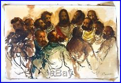 Original Last Supper Painting Antique Vintage Oil Jesus Religious Signed Large