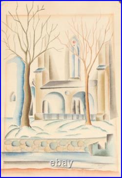 Original antique watercolor snow nyc gothic cathedral tree glassgold signed 1926