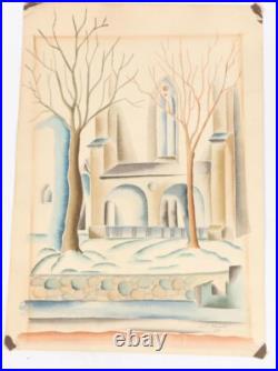 Original antique watercolor snow nyc gothic cathedral tree glassgold signed 1926