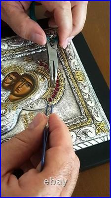 Orthodox Christian Icon Mother Mary and Son Pure Gold Ruby Silver Christianity