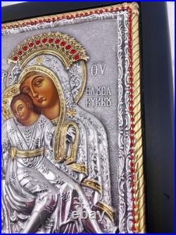 Orthodox Christian Icon Mother Mary and Son Pure Gold Ruby Silver Christianity