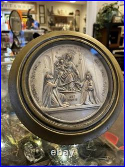Our Lady Pompeii Antique 1920s-30s Religious Wall Medallion & Easel Brass