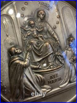 Our Lady Pompeii Antique 1920s-30s Religious Wall Medallion & Easel Brass