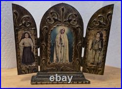 Our Lady of Fatima antique religious wooden triptych Desk Travel