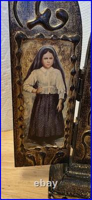 Our Lady of Fatima antique religious wooden triptych Desk Travel