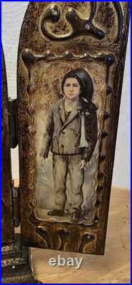 Our Lady of Fatima antique religious wooden triptych Desk Travel